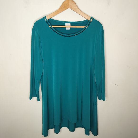Chico's Stretch Tunic Beaded Neckline Hi Low Hem - Picture 1 of 8